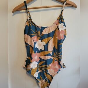 Kona Sol Tropical Floral One Piece Swimsuit Womens Small Teal With Light Pink